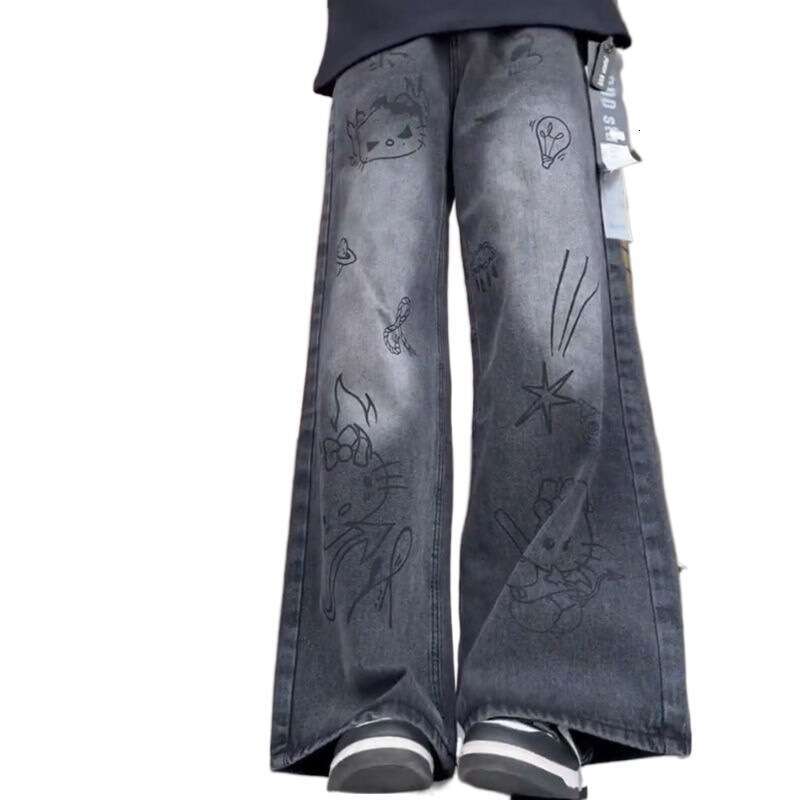 Small hand drawn cartoon graffiti wide jeans for women's spring and summer design sense, niche high waisted loose straight leg pants