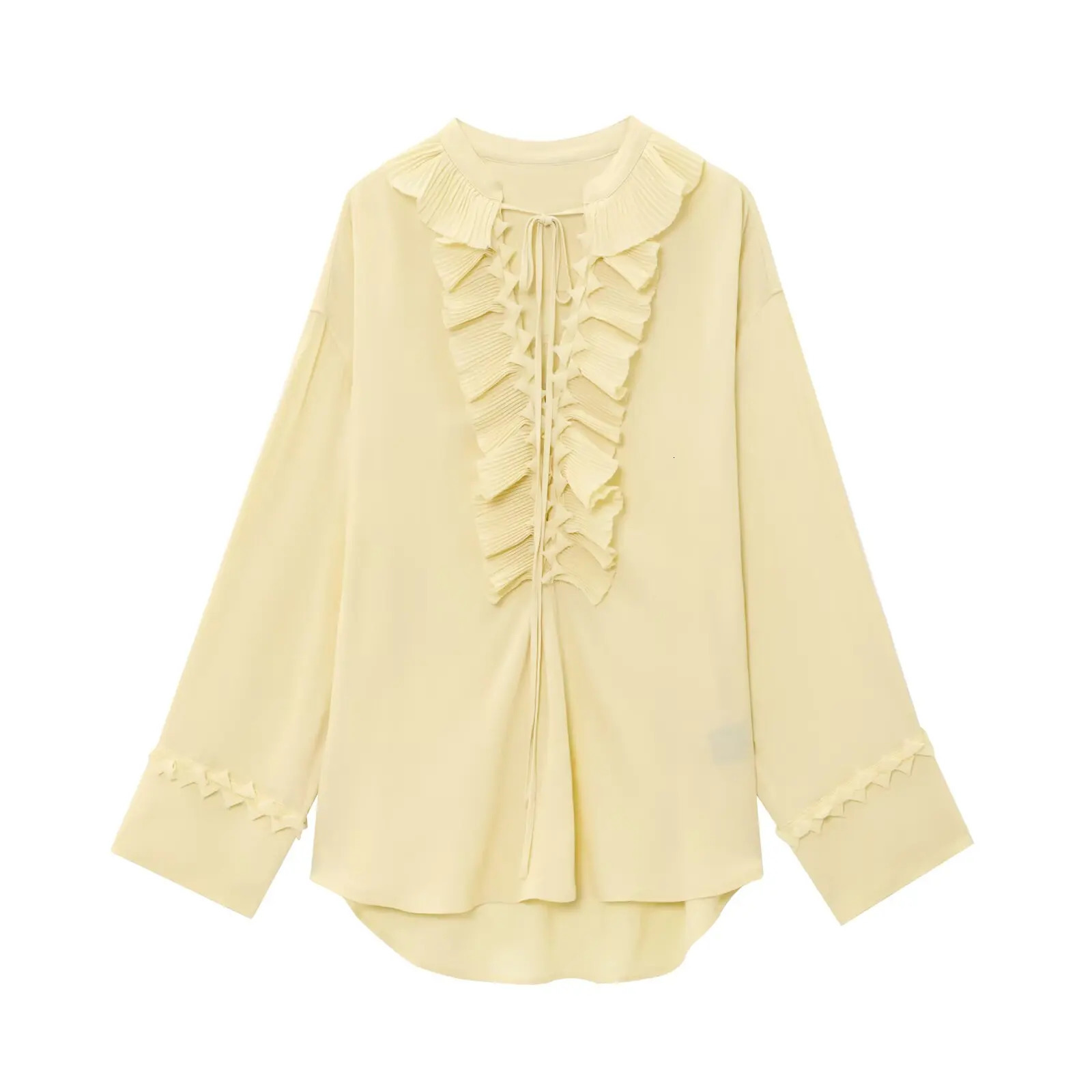 UNIZERA womens versatile solid color long sleeved shirt with ruffled edges and pleated temperament summer style 250520