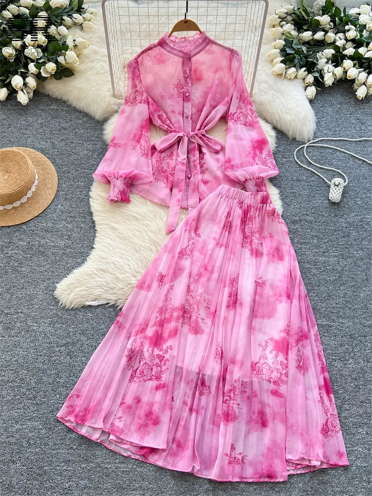 SINGREINY Senior Print Vacation 2pcs Suit Lantern Sleeves Lace Up Loose TopsPleated Skirt Temperament Beach Floral Chiffon Sets 250520