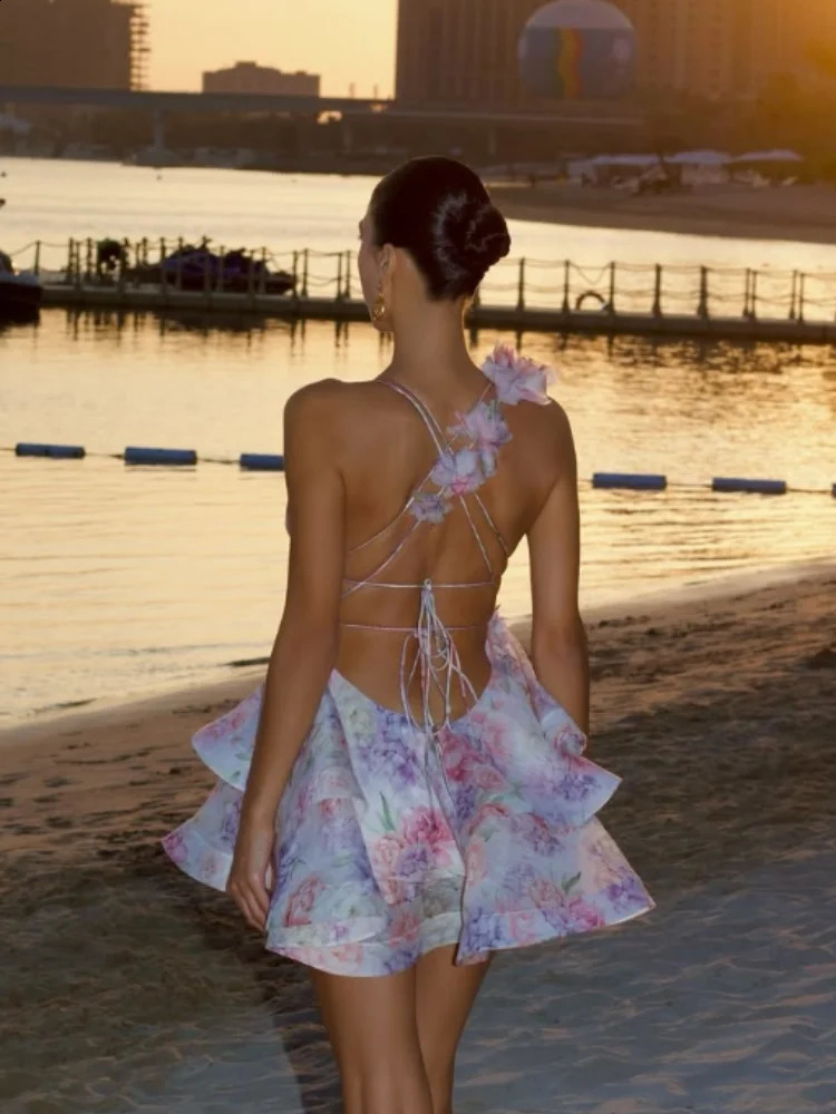 Chic 3d Flower Printed Womens Lace Up Backless Mini Dress Fashion Sleeveless Ruffles Aline Vestidos 2025 Lady Beach Party Gown 250516