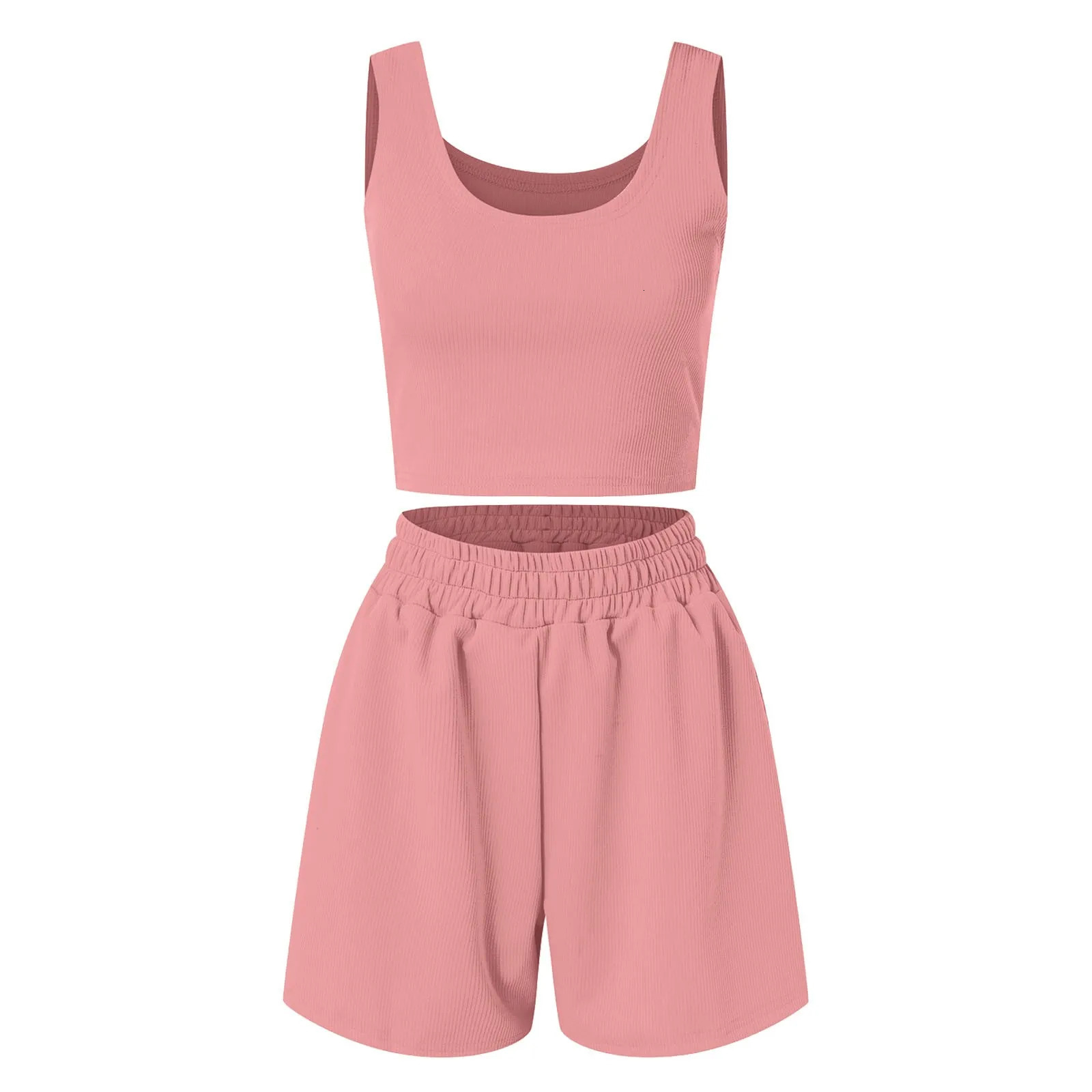 Two Piece Outfits Women Summer Shorts Sets 2 Piece Sleeveless Matching Crop Top And High Waisted Shorts For Women Lap For Women 250516