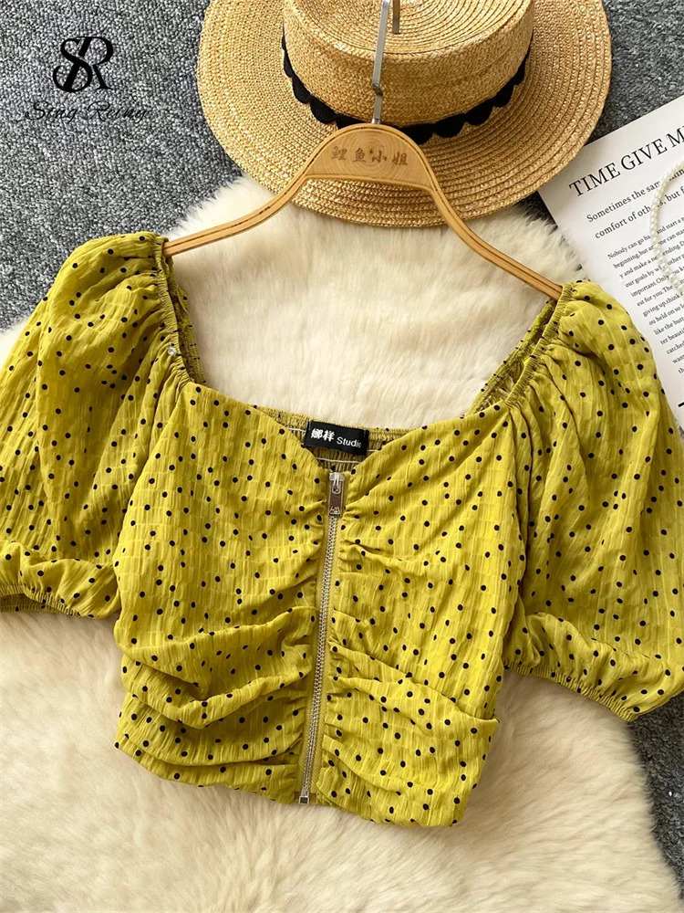 SINGREINY Summer Polka Dot Short Blouse Zipper Puff Sleeves Sexy Slim Tops Elastic Ruched Fashion Women Vintage Chic Shirt 250520