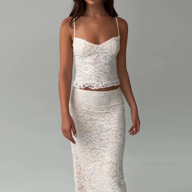 Candy Sexy Lace Vneck Spaghetti Strap Tops and Bodycon Trumpet Long Skirt Y2K Summer Fashion Daily Outdoor Women 2 Piece Set 250520