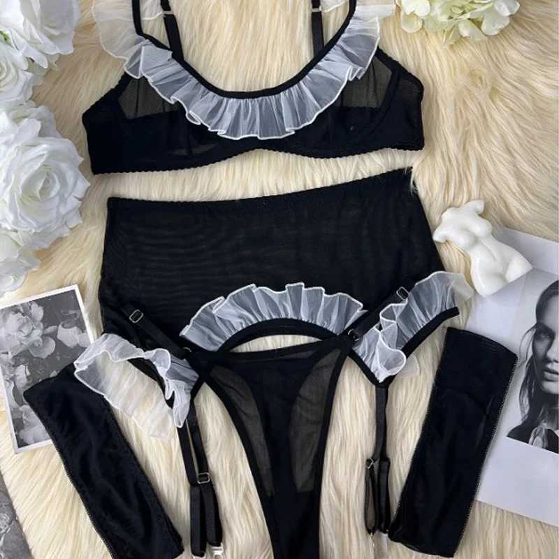 Sexy Lingerie Suit Mesh Splicing Role-playing Sexy Lingerie Set for Women Frill Contrast Color Underwear Set New R250520