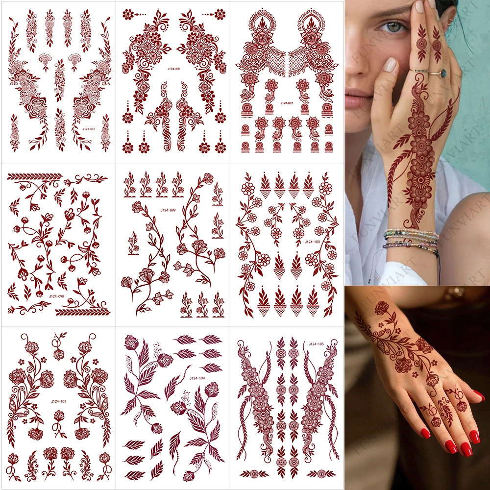 9 Sheets Temporary Henna Tattoos for Women Maroon Flower Leaf Henna Hand Tattoo Stickers Suitable for Wedding Festival Body Art 250515