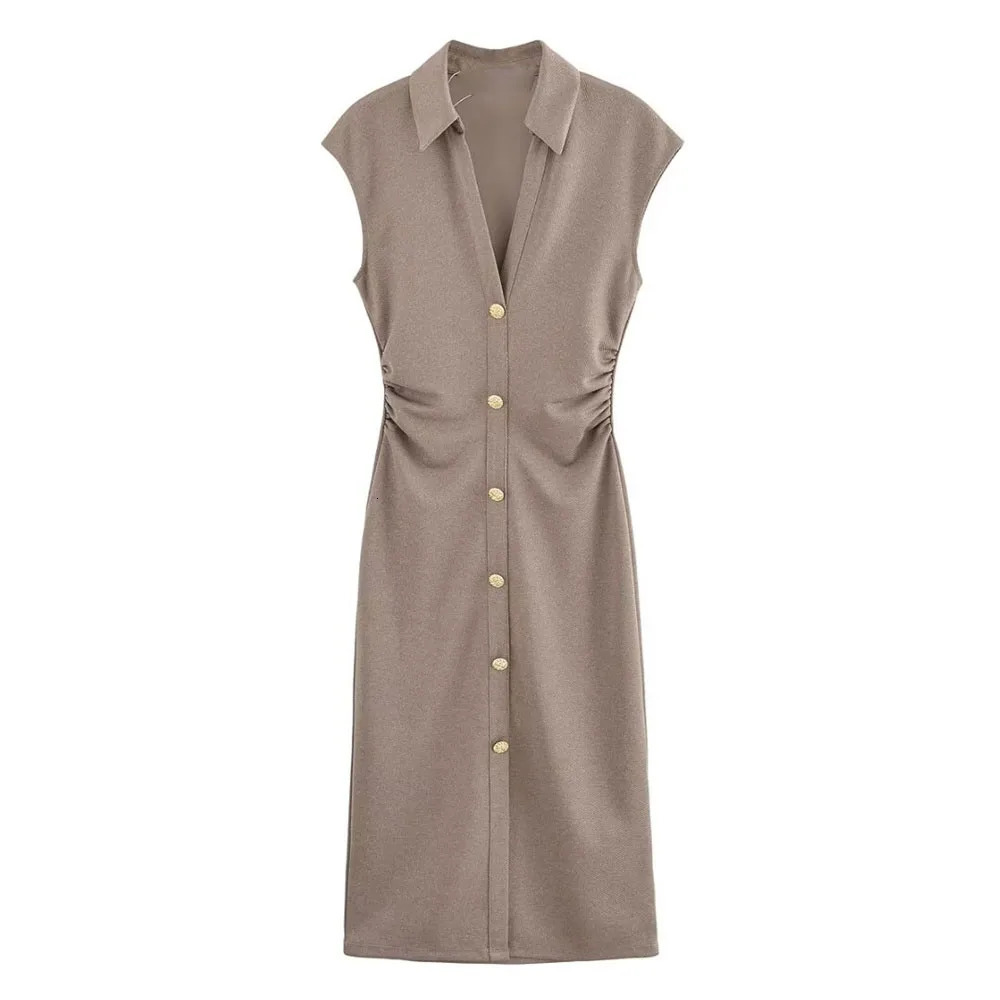 UNIZERA womens pleated slim fit pearl cloth shirt style short sleeved Vneck dress summer 250520