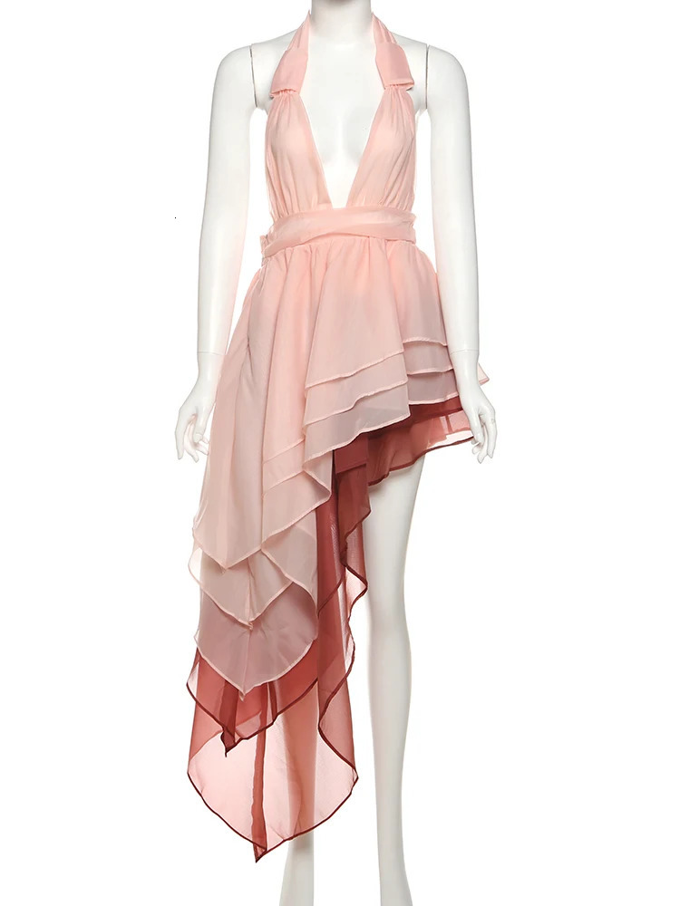 Weird Puss Tierred Tassel Dress Women Backless Sleeveless Halter Gradient Color Lace Pleated Sexy Beach Vacation Party Bodycon 250520