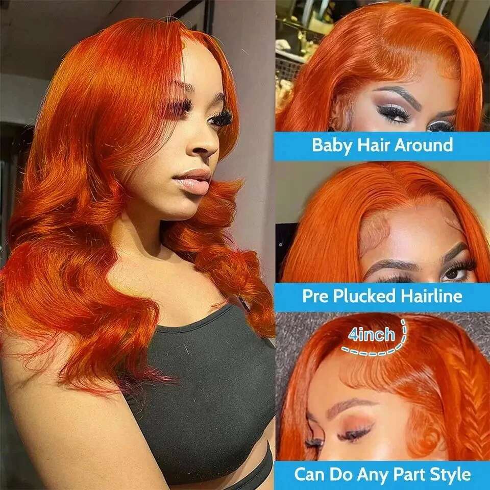 Ginger Orange Front Bone Body Wave 13x4 Human Hair Frontal Wigs Transparent Lace Wig For Women