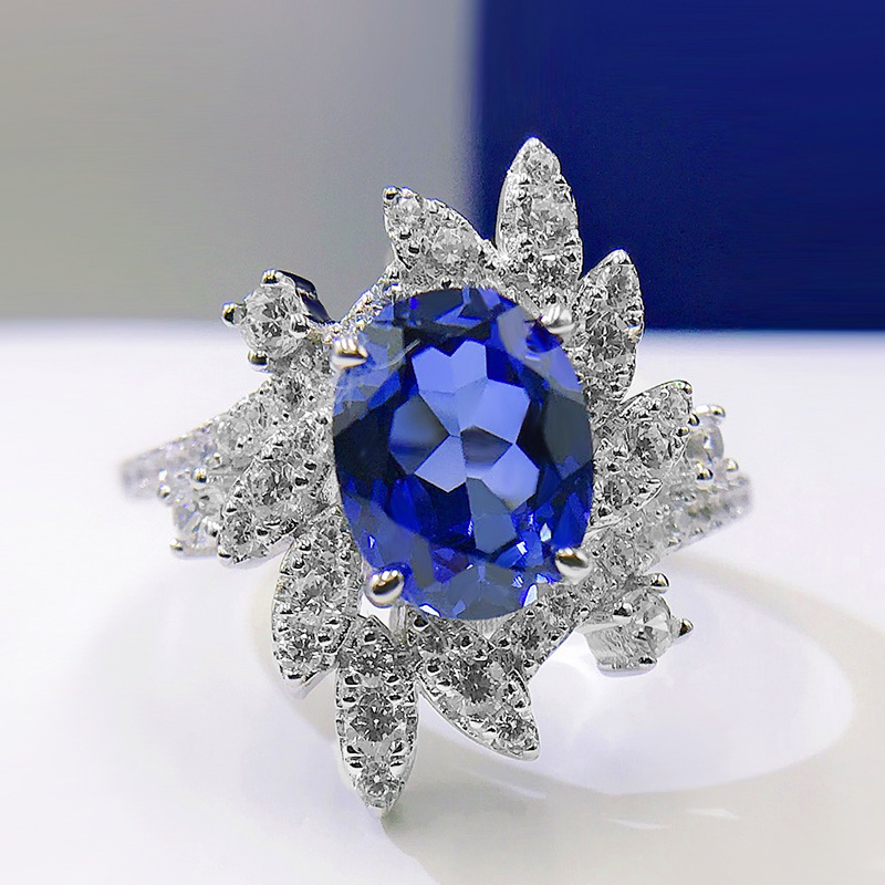 New 925 Sterling Silver Oval Synthetic Blue Sapphire Ring with Ice Flower Design, 7*9mm, Elegant and Luxurious Jewelry for Women.