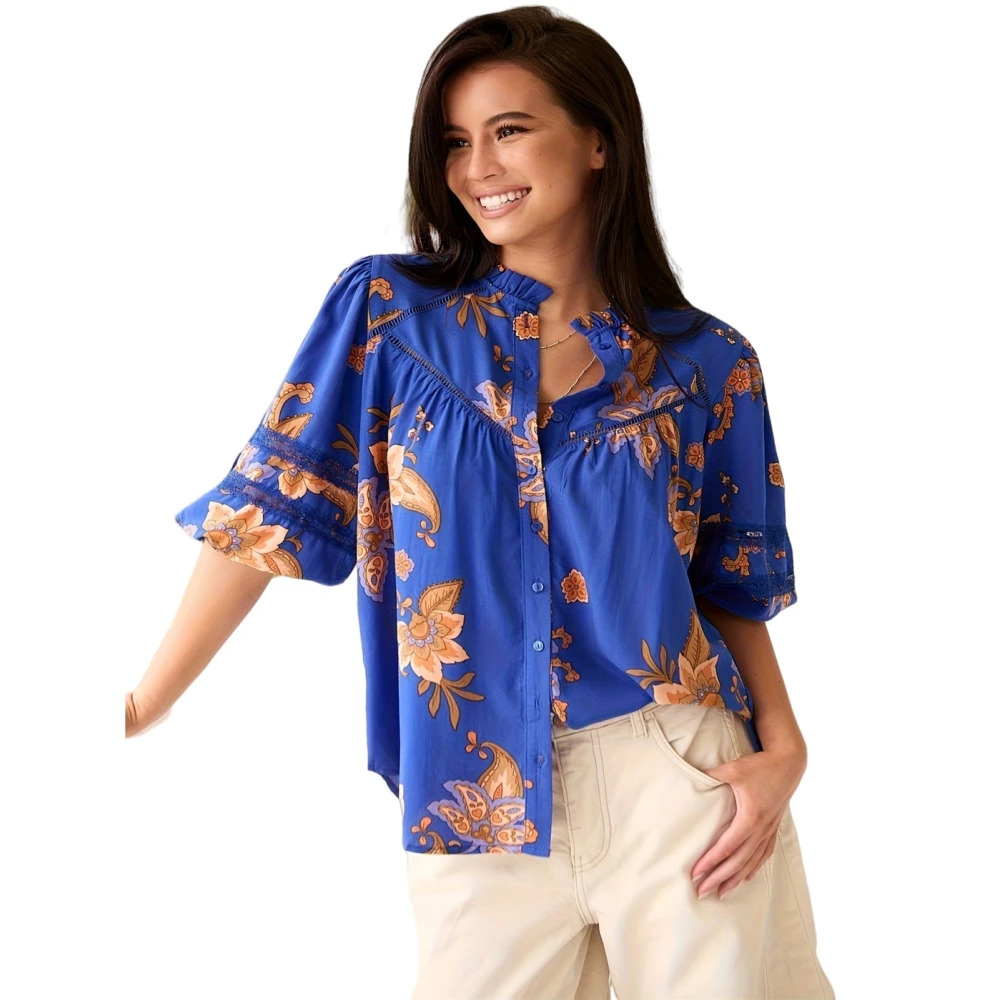 Plus Size Womens Elegant Loose Flared Half Sleeve Shirt Vivid Blue Floral Print Ruffle Cuffs Perfect for Beach Casual Wear 250514