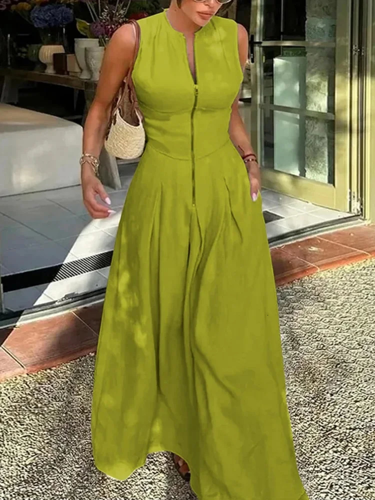 UOOZEE Office Lady Commute Pleated Aline Dress Summer Fashion Solid Color Sleeveless Zipper Evening Maxi Dresses 250520