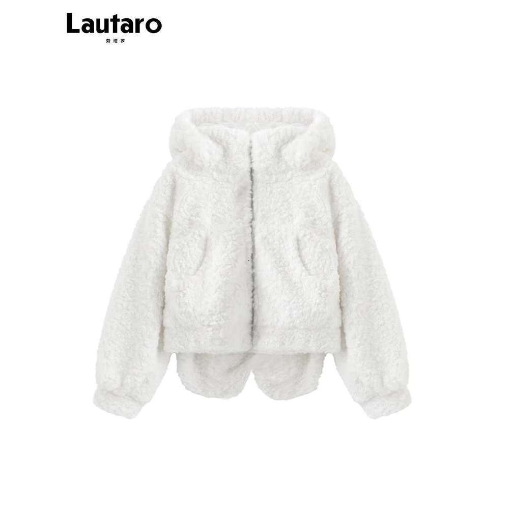 Lautaro Autumn Winter Sweet Cute Lovely Warm Soft White Short Faux Fur Coat Women With Bunny Ears Fluffy Jacket Hoodie 2023