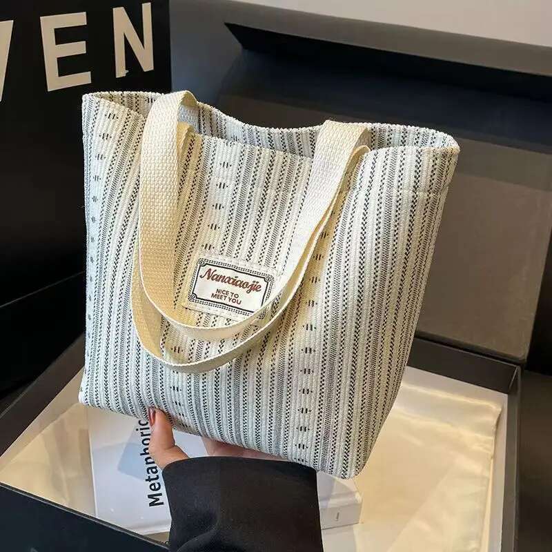 ins Japanese 2024 canvas fashion striped hand carry shoulder women's class tote commuter bag
