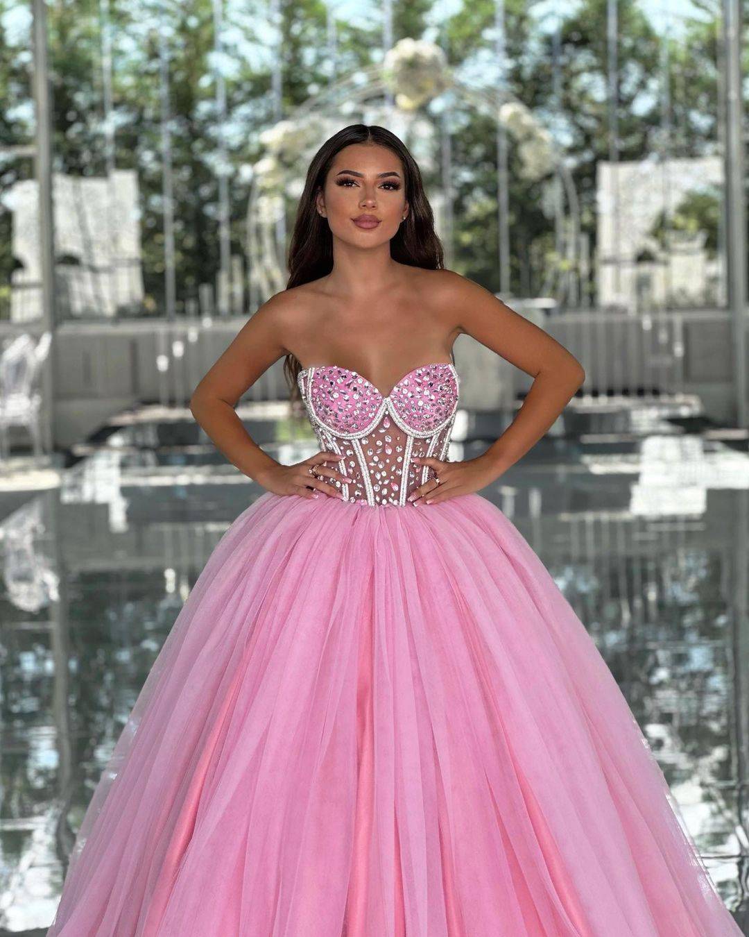 Pink Tulle Evening Dress Sexy Sweetheart Neck Beading A Line Prom Dresses Special Occasion Gowns