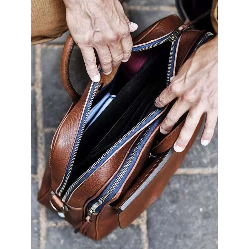 Full Leather Handbags Business Briefcase Skeleton-Skin Thick Cowhide Vintage Crossbody Messenger Men's Laptop Bag