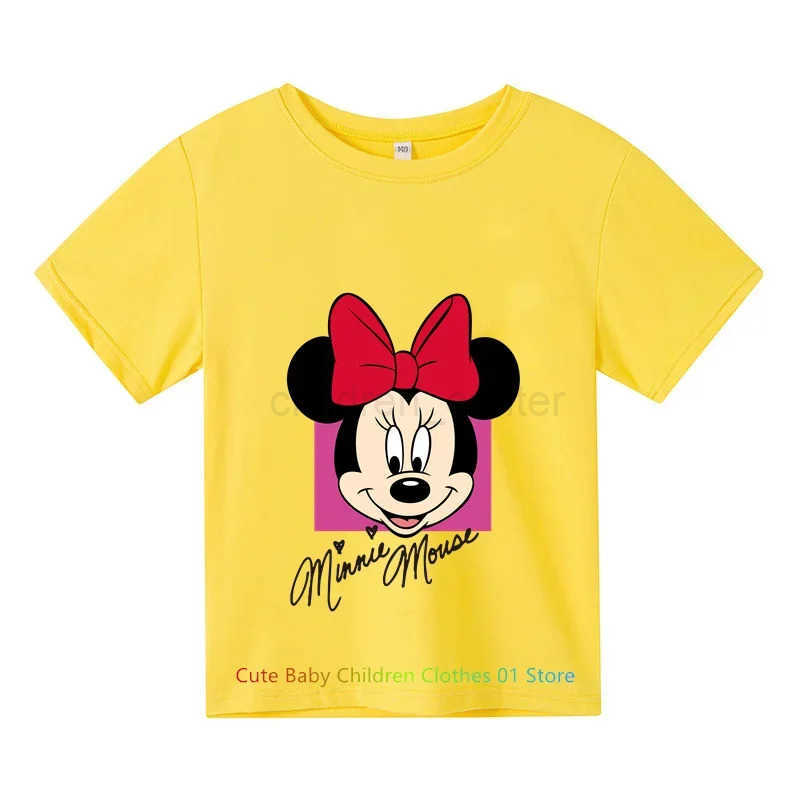 Disney Cotton Childrens Short Sleeved Fashionable Casual Girl Top T-shirt with Cute Cartoon Mickey Mouse Pattern Print W250520