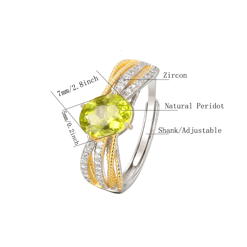 Genuine 925 Sterling Silver Gold Plated Ring for Women 8*6mm Natural Gems Peridot Stone Adjustable Rings for Daily Wear Jewelry 250517