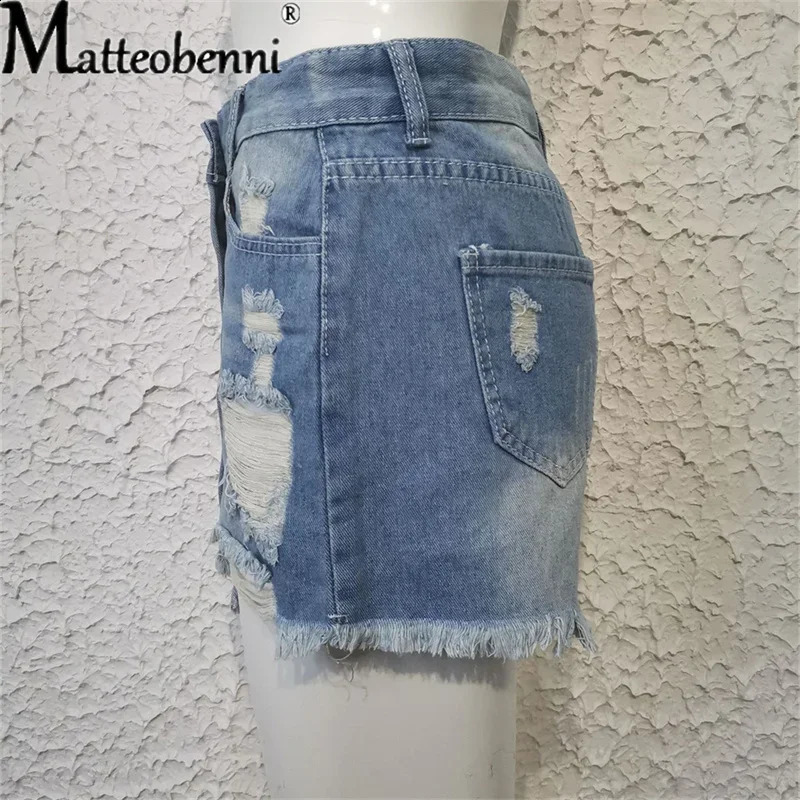 2024 Summer Women Ripped Repaired Denim Shorts High Waist Bodycon Distressed Hole Bottoms Casual Pockets Sexy Short Jeans 250514