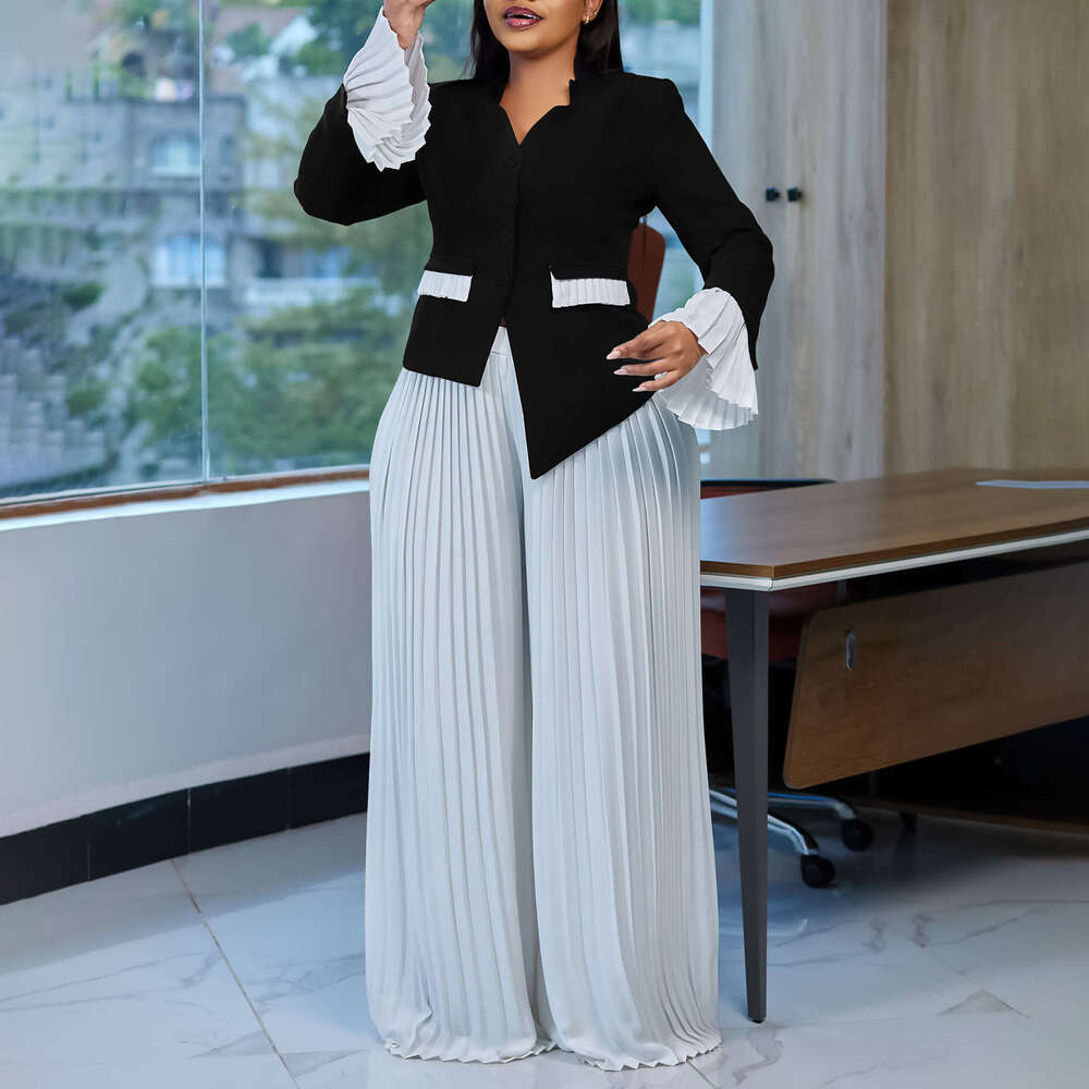 Women's Wear D3328 Plus Size Fashionable Women's Flared Sleeve Top, Pleated Wide Leg Pants Set, Color Blocked Two-Piece Set