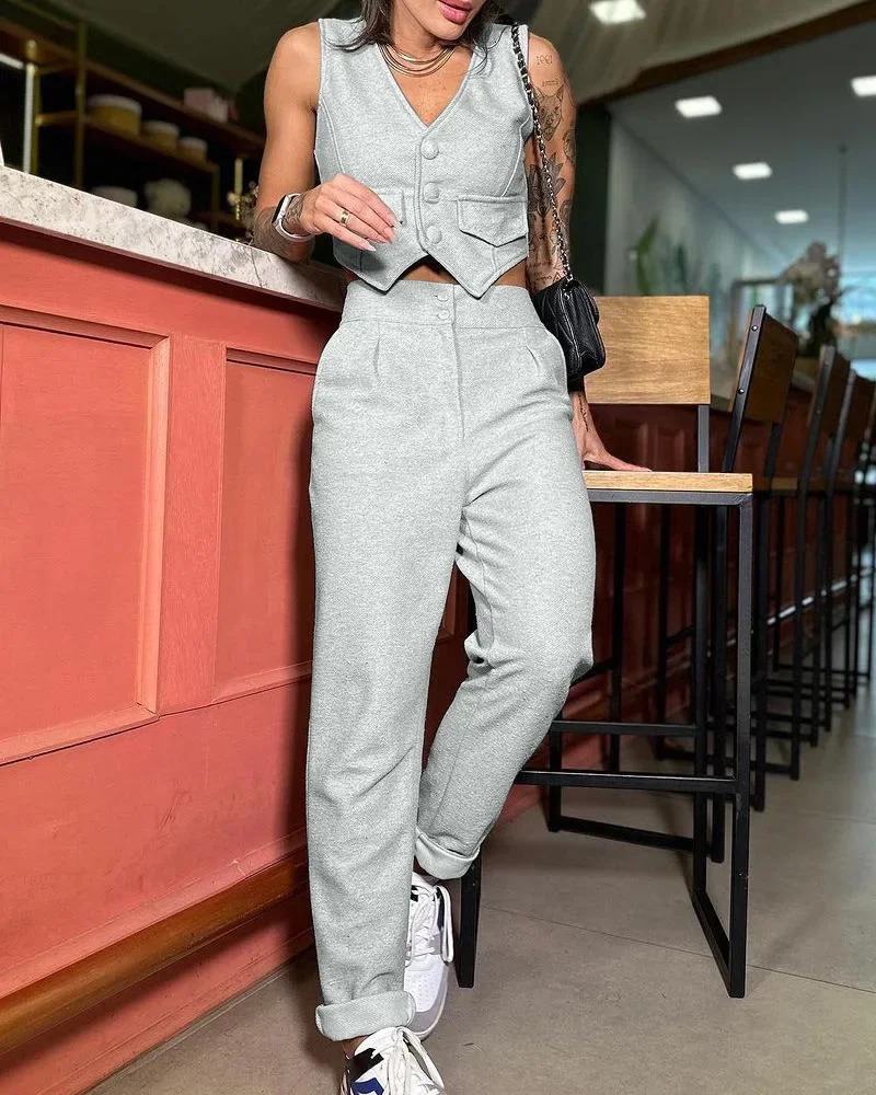 Two Piece Sets Women V Neck Sleeveless Single Breasted Vest Tops Casual Straight Long Pants Set Regular Splice Autumn 250516