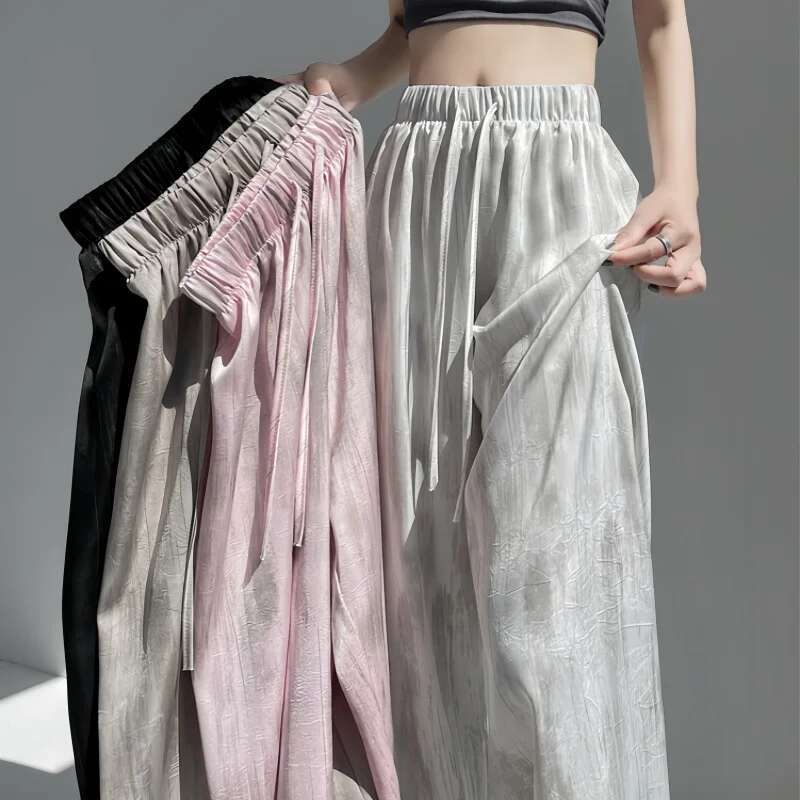 Seoulish Retro Ice Silk Tie Dye Wide for Women New Summer Spring Fashion Loose Straight Casual Leg Women's Pants