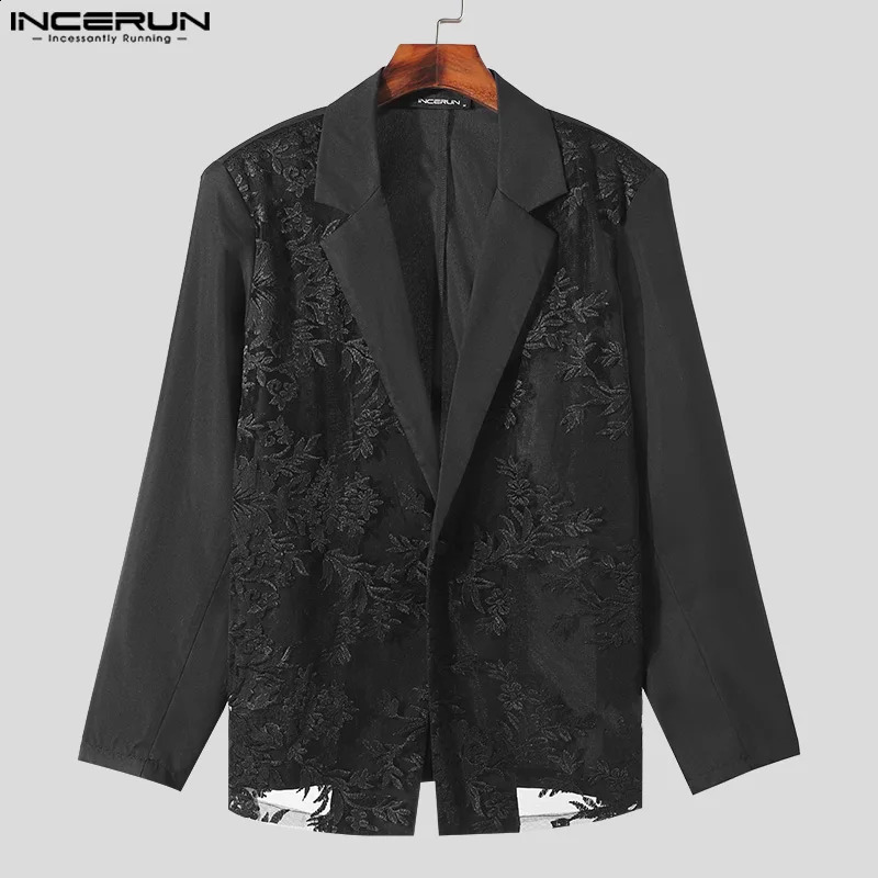 INCERUN Men Blazer Mesh Patchwork Lace Transparent Lapel Long Sleeve Casual Suits Men Streetwear One Button Fashion Coats 250519