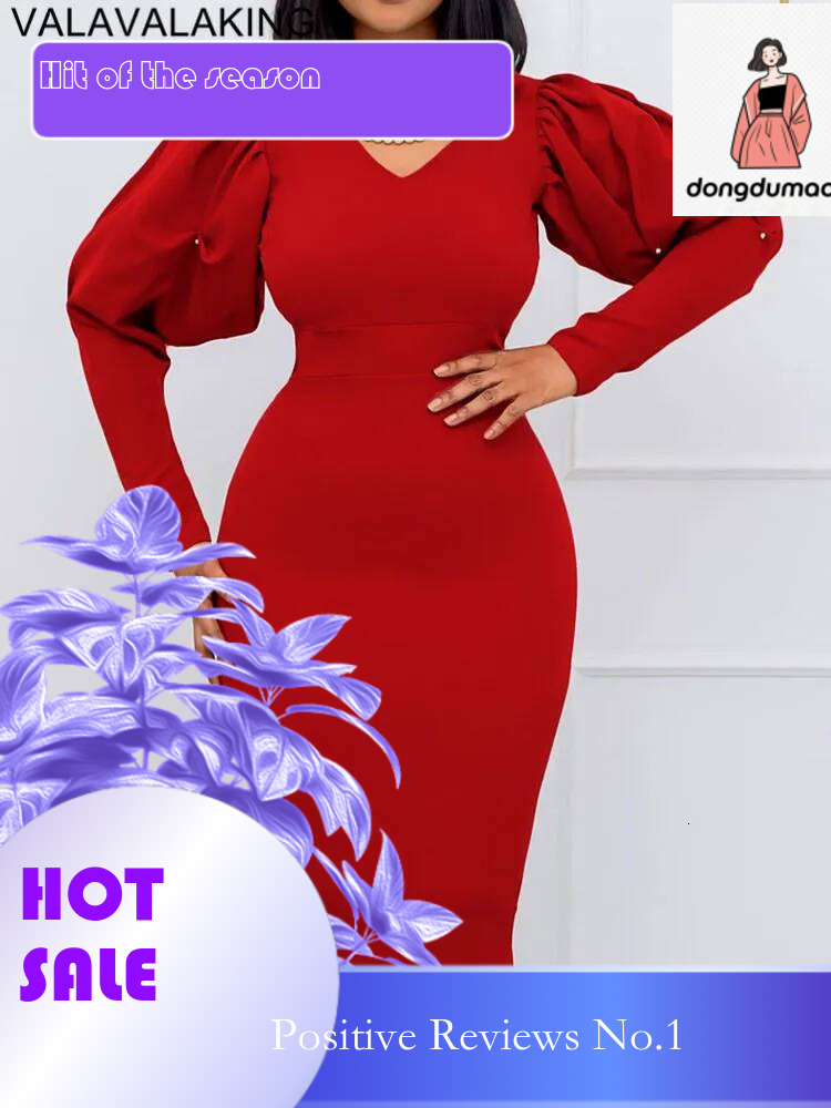dongdumaoyi 2025 Sexy Spring Autumn Solid Plus Size Women Puff Sleeve Large Big Dresses V Neck Evening Party Lady Tight Curvy Dress