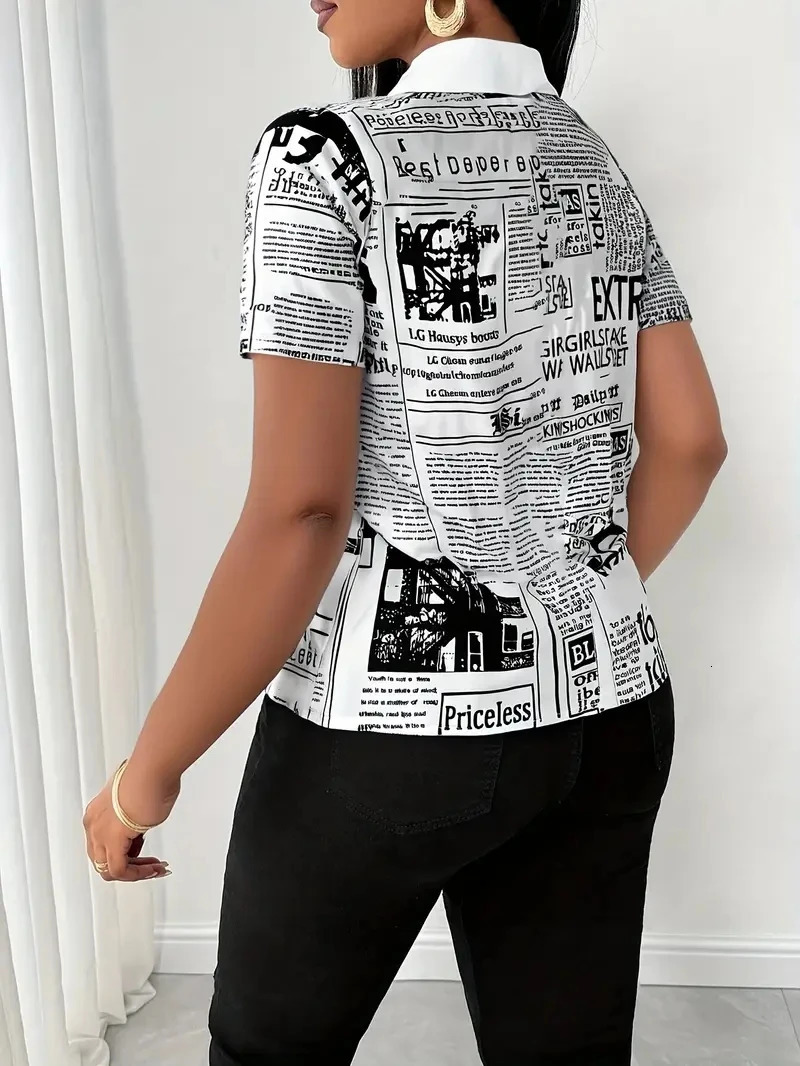 Women Summer Fashion spaper Print SingleBreasted VNeck Shirt 250514