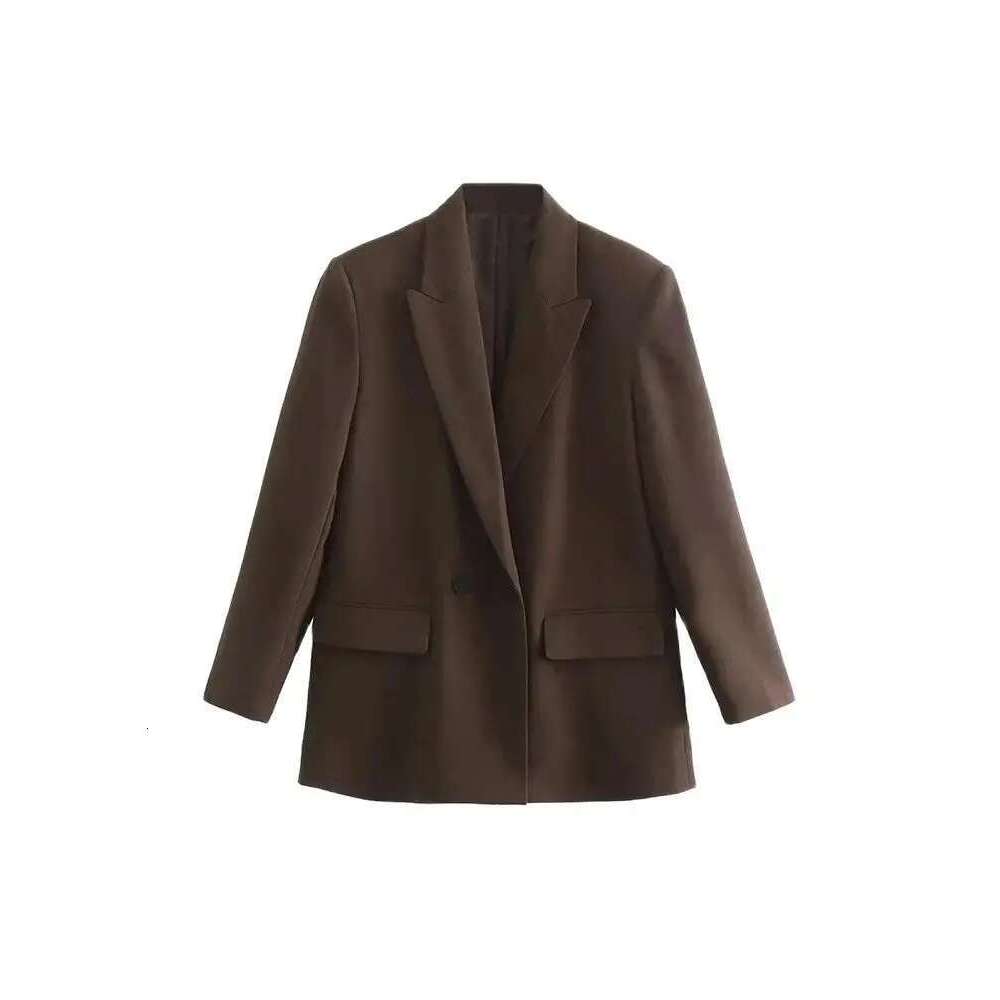 TRZA Women Fashion Double Breasted Loose Fitting Blazer Coat Vintage Long Sleeve Pockets Female Outerwear Chic Veste Femme