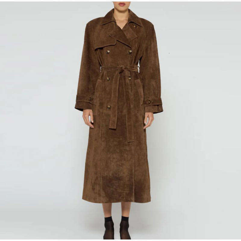 Tie up waist long coat, European American fashionable women's autumn and winter temperament elegant double breasted New Year's casual versat