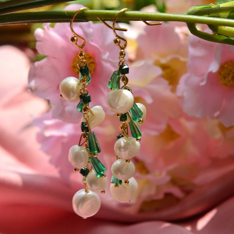 Arrival Trendy Green Crystal Natural Freshwater Pearl 14K Gold Filled Female Tassels Drop Earrings Jewelry For Women Gifts 250517
