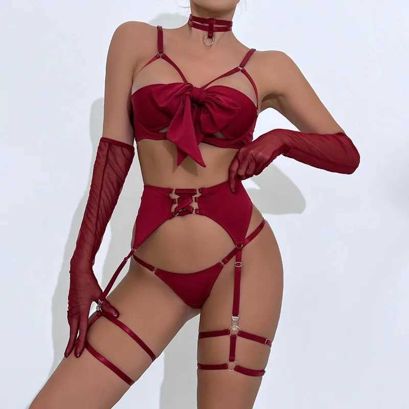 Sexy Lingerie Set Black Temptation Underwear Garter Bra Belt Glove Set Hollowed Out 5Pcs Set Club Sex Suits R250520