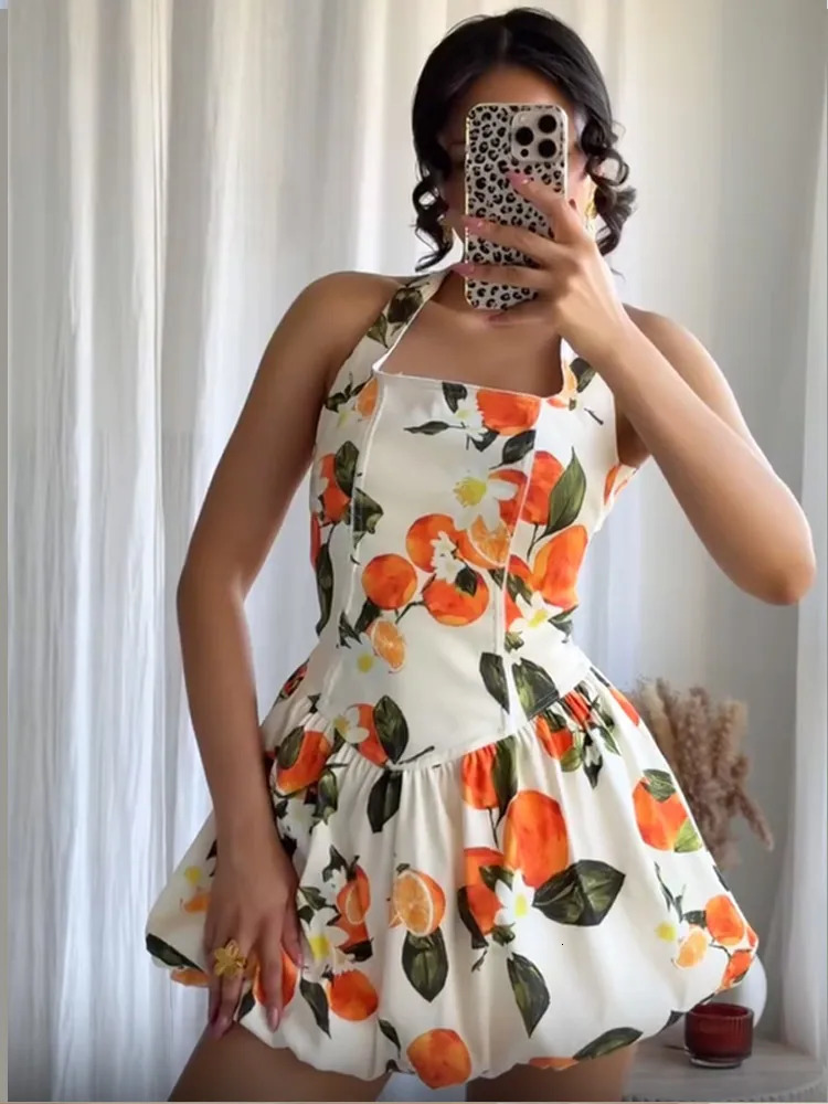 Women Printing Halter Dress Elegant Backless Sleeveless High Waist Slim Fit Mini Dresses Lady Summer Party Evening Vestidos 250520