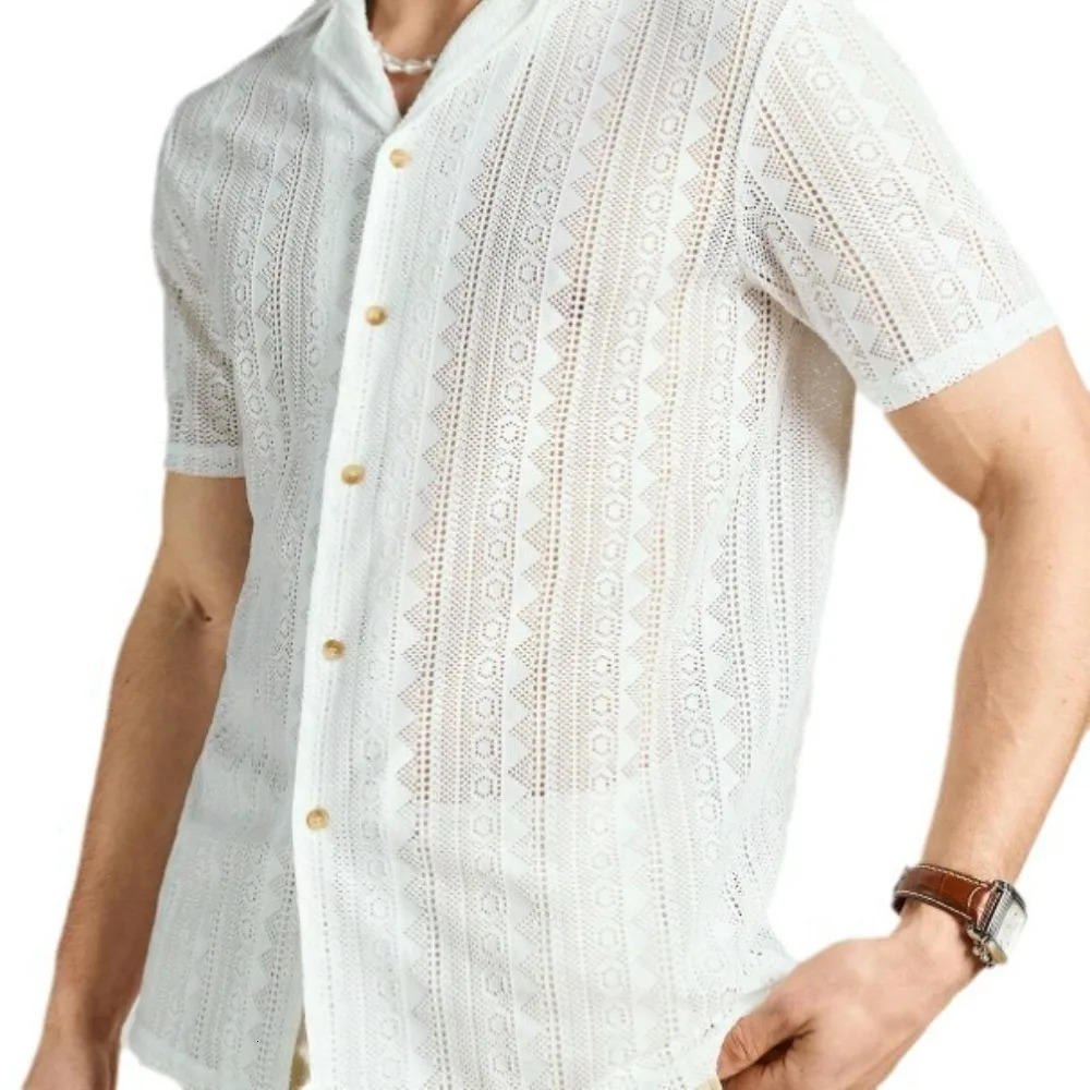 Mens Shortsleeved Shirt Lace Loosecut Knitted Casual TShirt Fashion Male Tops 250520