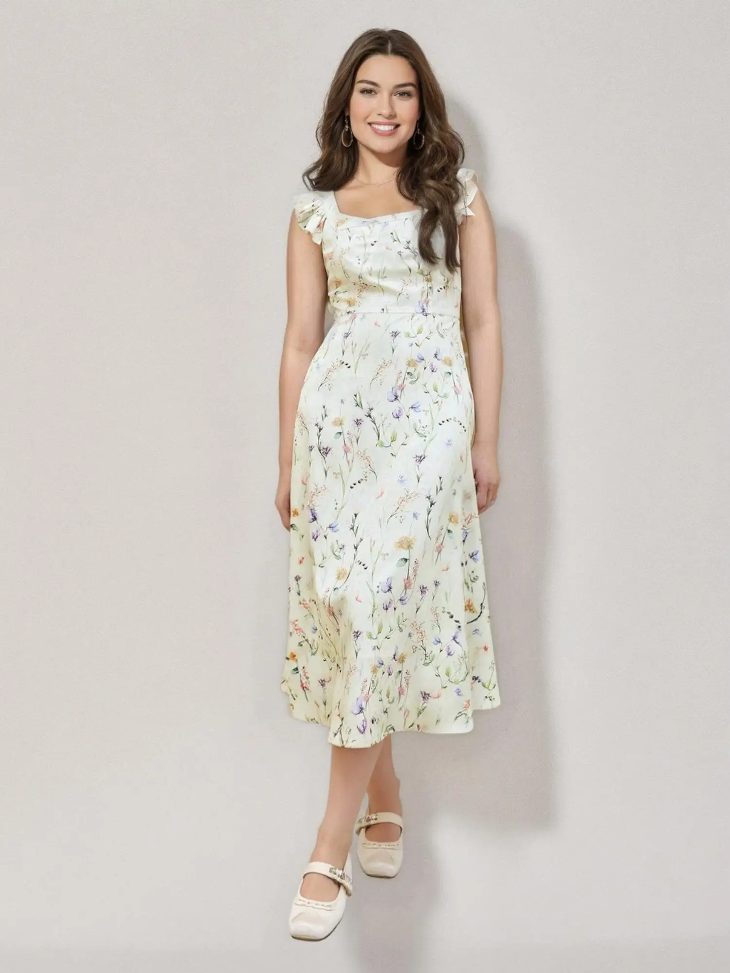 DUSHU French Style Flying Sleeves Gentle Women Floral Dress Summer High Waist Slim Strappy Dresses 25DS82225 250520