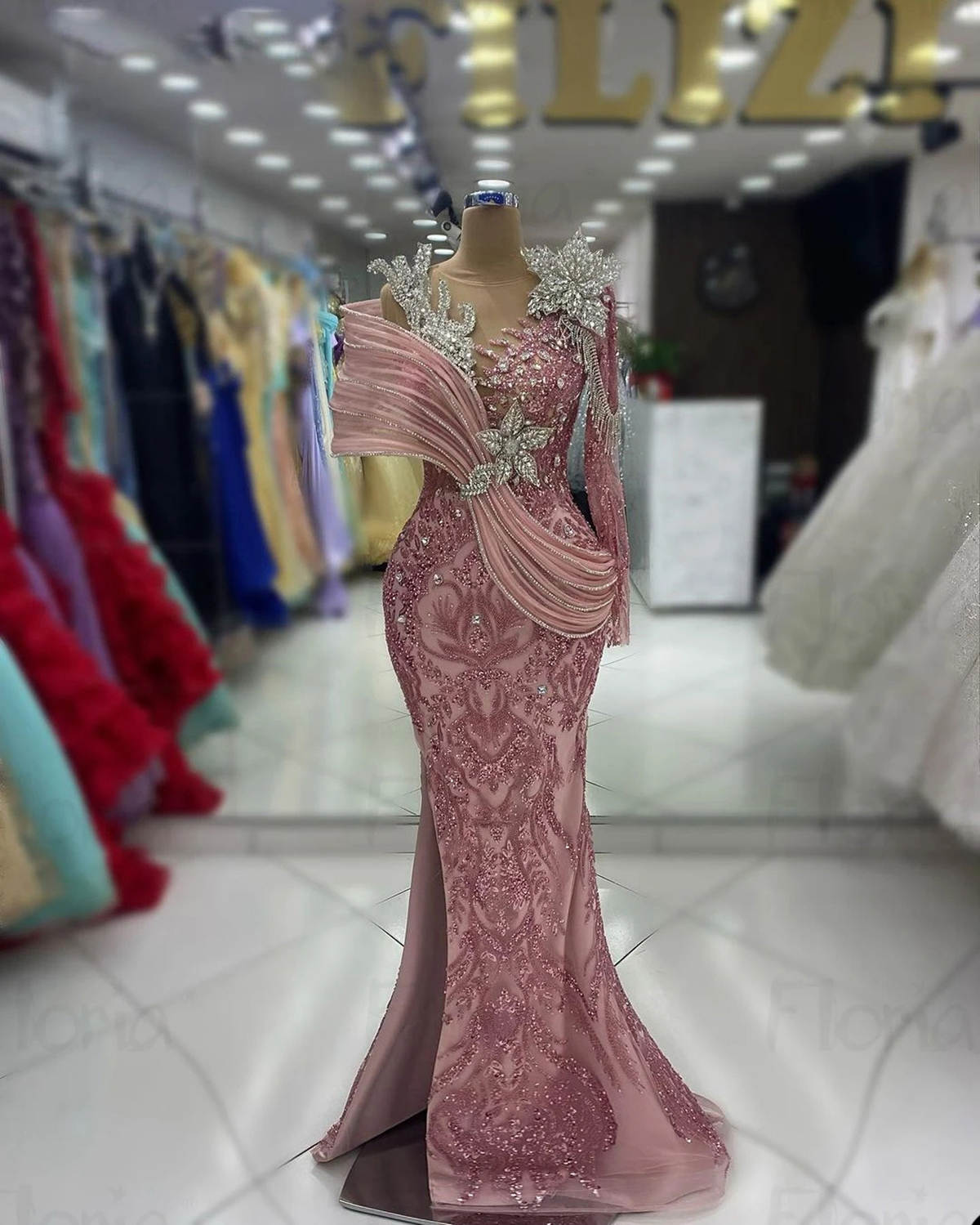 African Luxury Beading Evening Dresses Sheer Jewel Neck Long Sleeve Mermaid Zipper Back Slim Fit Sexy Prom Gowns
