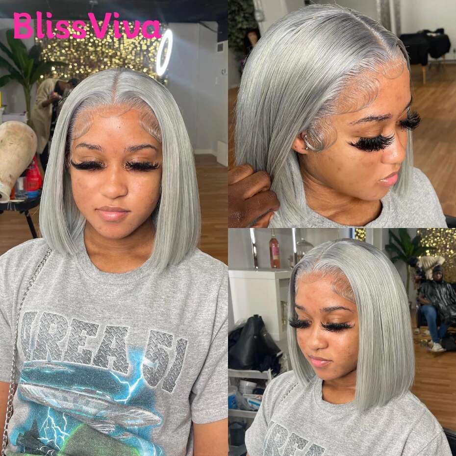 13x6 Short Sier Grey Front Wigs Pre Plucked Ash Gray Blonde 613 Lace Frontal Human Hair Bob Wig