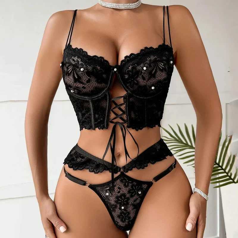 Sexy Lingerie Strap Underwire Lace Bra for Women Sexy Beaded 3D Flower Hollow Out See-through Lace Up Underwear Set New R250520