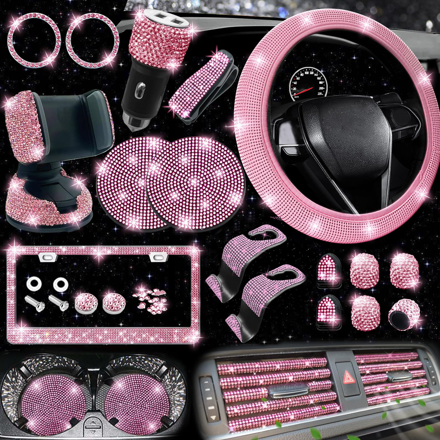 New Diamond Blingbling 27PCS/Set Car Interior Decor Accessories Set For Women Steering Wheel Cover License Plate Frame Car Vent Decor Phone Holder Hoo