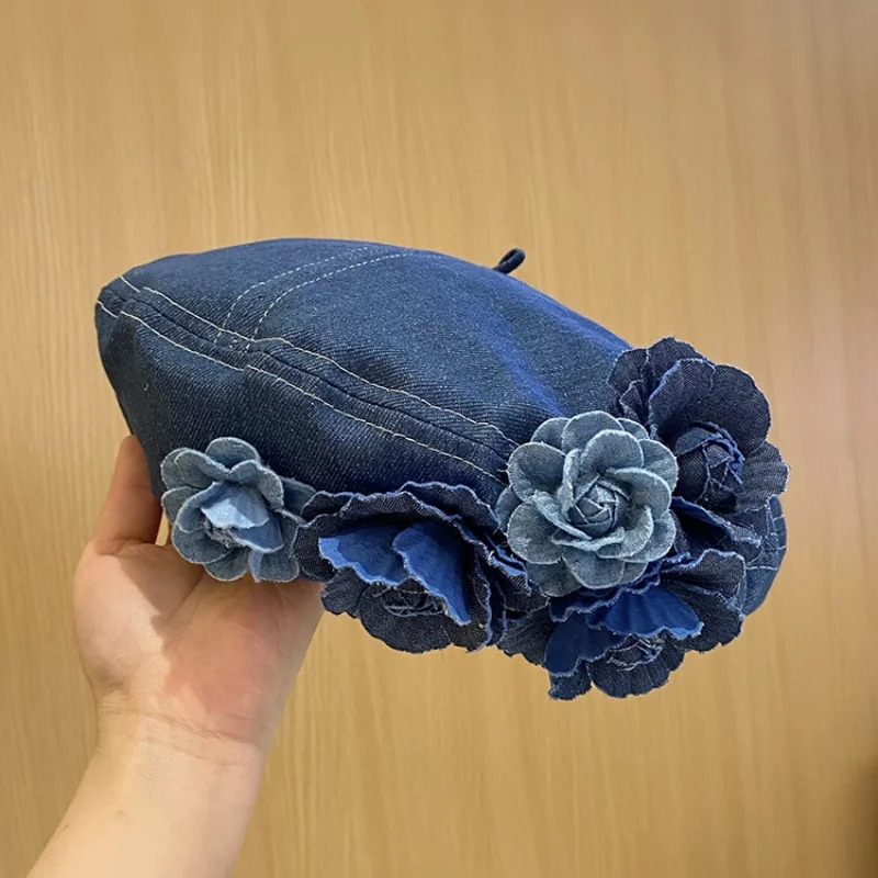 Ladies Denim Beret Hats Flower Cowboy Vintage Hat Women Retro Casual Painter Hat Female Trendy Spring Autumn Hat 250520