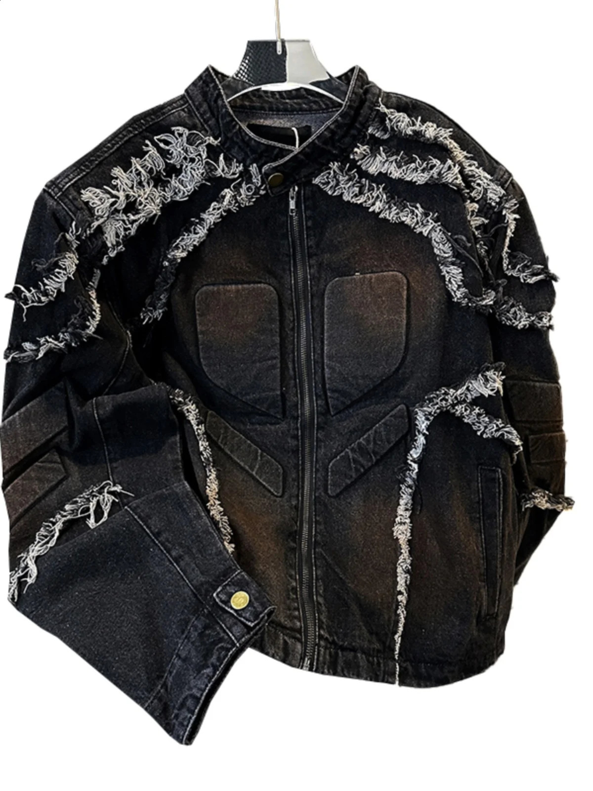 Fashion Shoulder Padded Long Sleeve Zipper Denim Coats Mens 2025 Spring Autumn Handsome Tops Trendy Male Motorcycle Jackets 250516