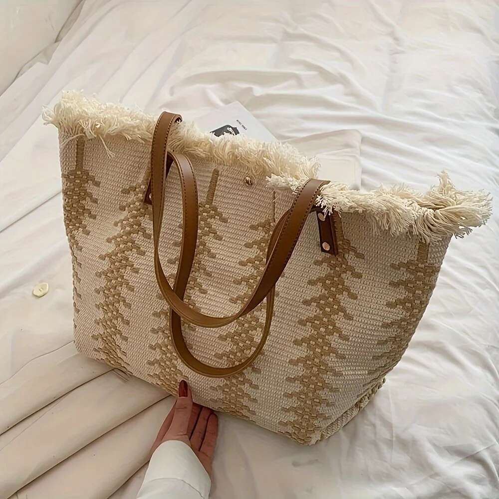 Chic Striped Canvas Tote Bag With Fringe Detail - Spacious Shoulder Handbag For Beach & Shopping, Hine Washable