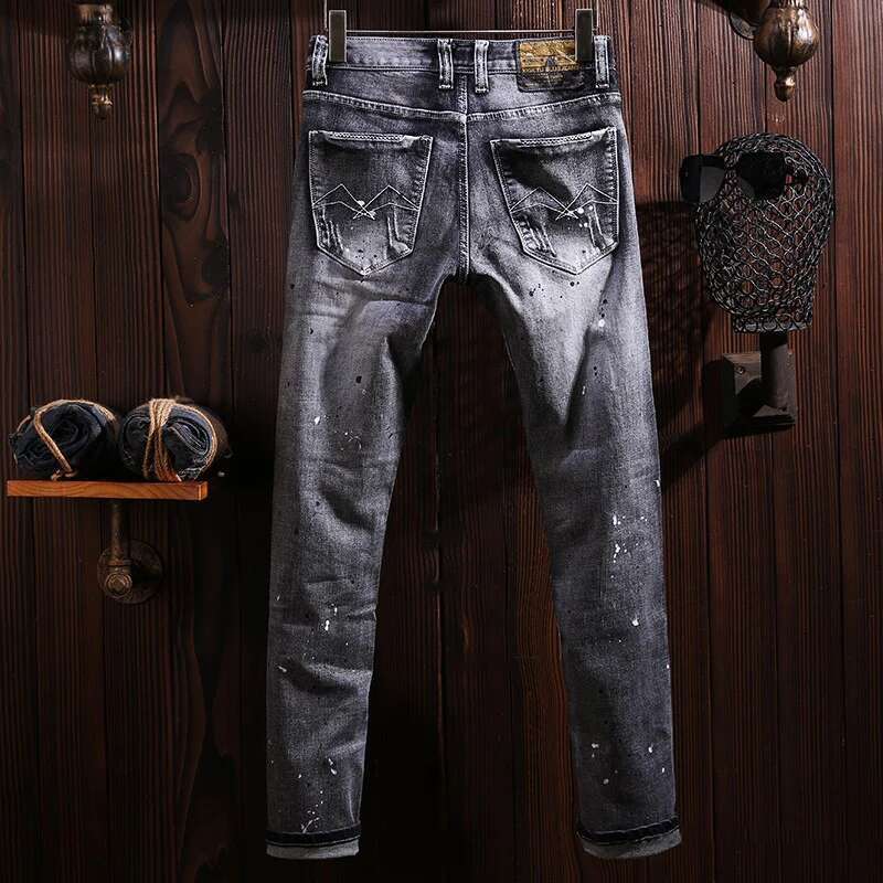 Street Fashion Men Retro Black Gray Stretch Slim Fit Hole Patched Ripped Jeans Painted Designer Vintage Denim Pants Hombre