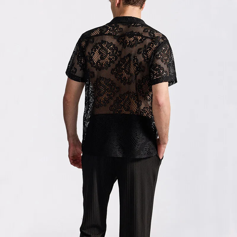 Summer Mens Mesh Lace Knit Short Sleeve Shirt Streetwear HollowOut Dance Perspective Shirts Nightclub Disco Performance Tops 250520