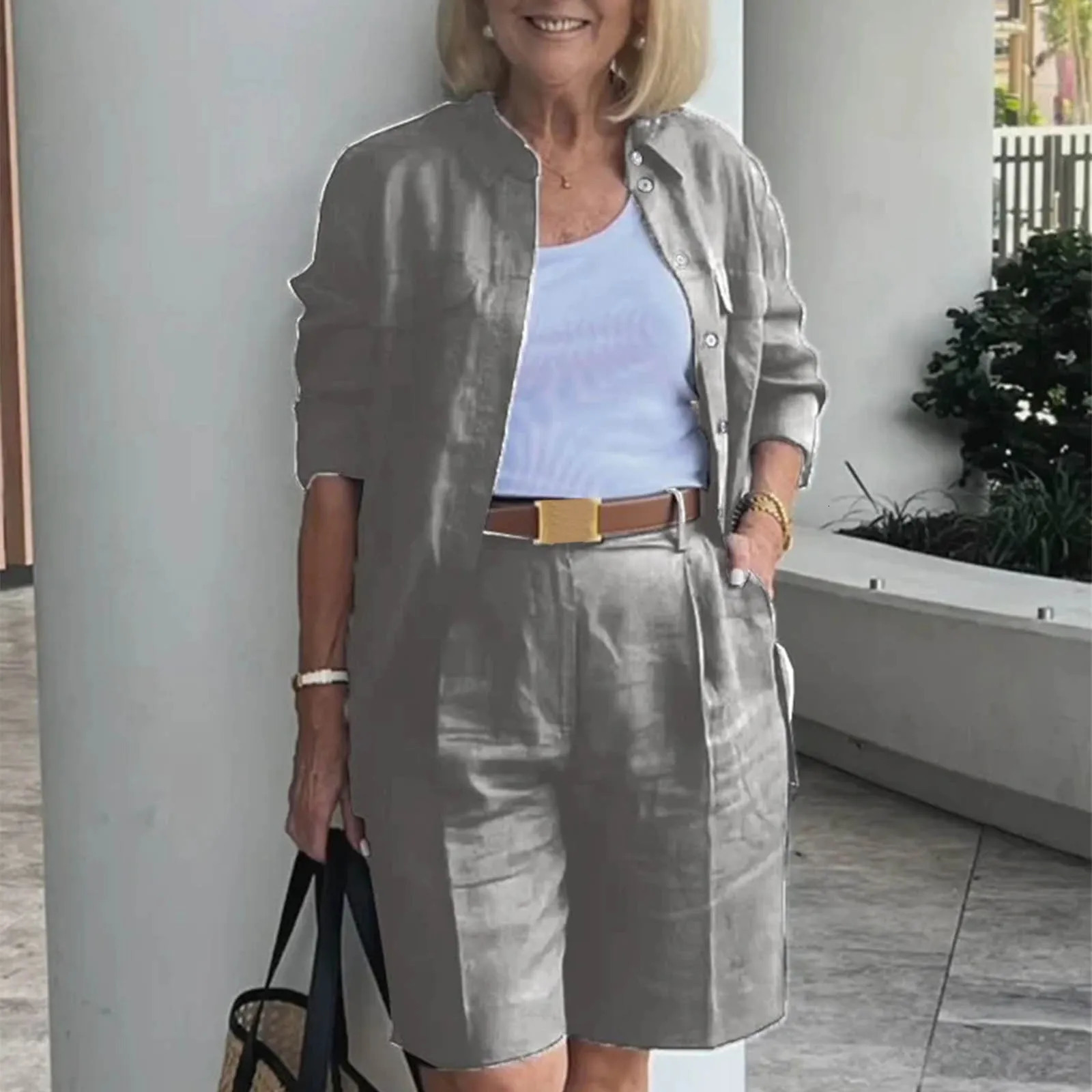 Elegant 2-Piece Sets For Women Womens Cardigan Shirt Top Summer Solid Color Casual Shorts Two Piece In Matching Sets 250516