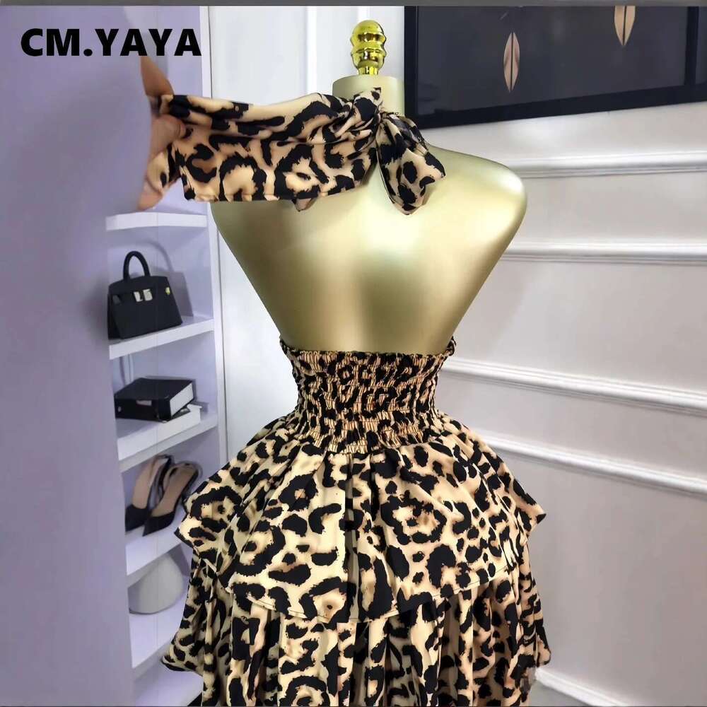 Women Leopard Print Halter Neck Backless Cascading Ruffles Big Swing Ball Gown Mini Dress Sexy Club Party Dresses