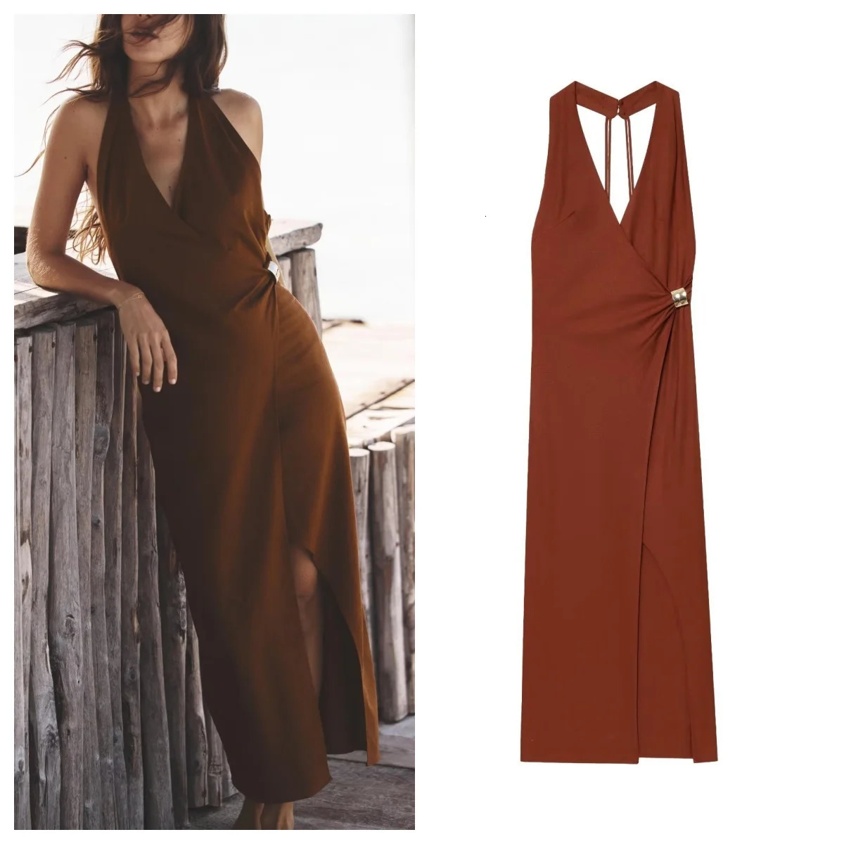 European and American style summer linen blended Vneck sleeveless backless slit dress 250520