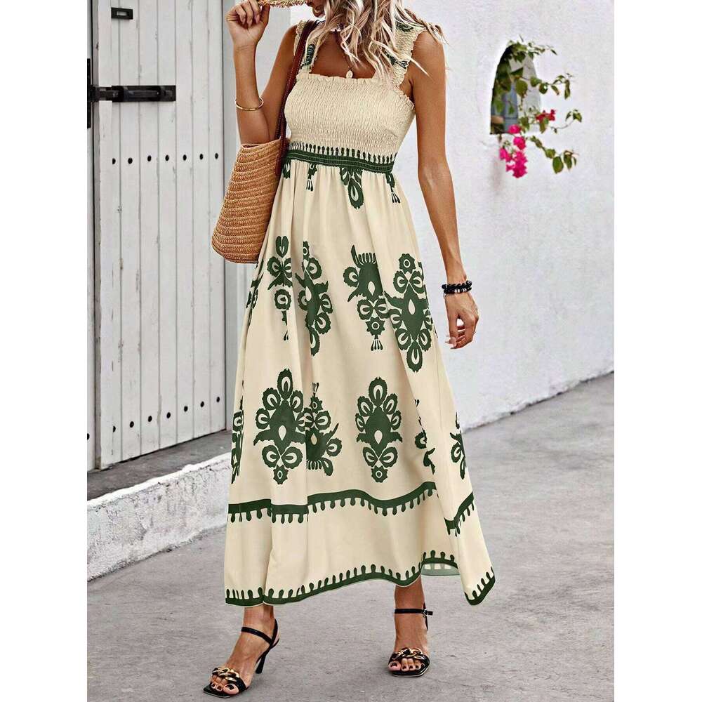 New hot selling women's beach dresses in Europe and America, vacation style printed chest wrapped dresses, 2025 new casual fashion trend clothing