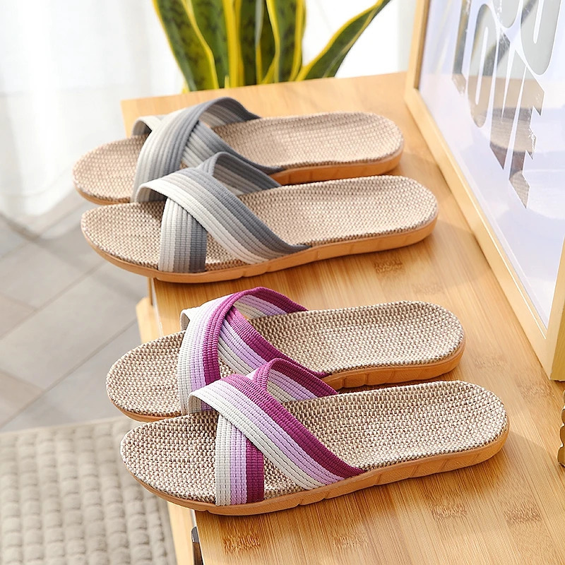 Spring and summer home couple sweat absorbing cross striped linen slippers for women non slip soft bottom indoor casual sandals 250519