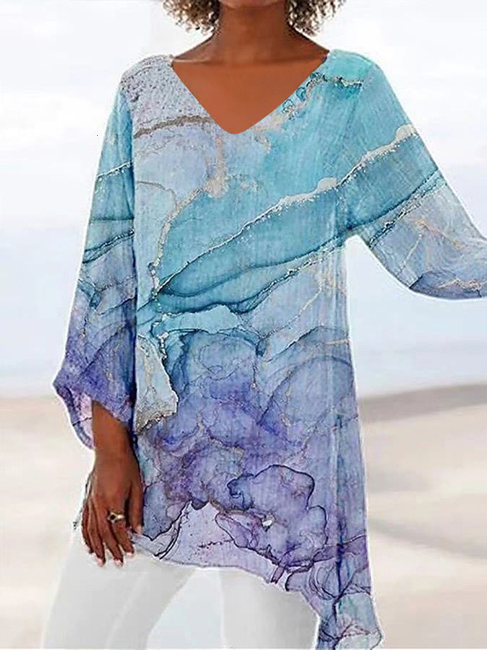 2025 New Designer Clothing Plus Size Women's T-shirt Casual Loose Print Long Sleeved V-neck Top Casual Trendy T-shirt